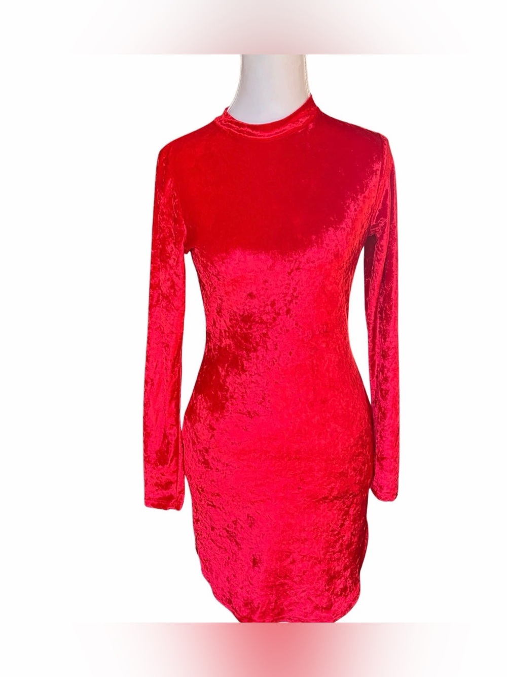 Best Cody Sz Sm Red Velvet Dress Mock Neck Bodycon Long Sleeve Holiday #4201 VTG